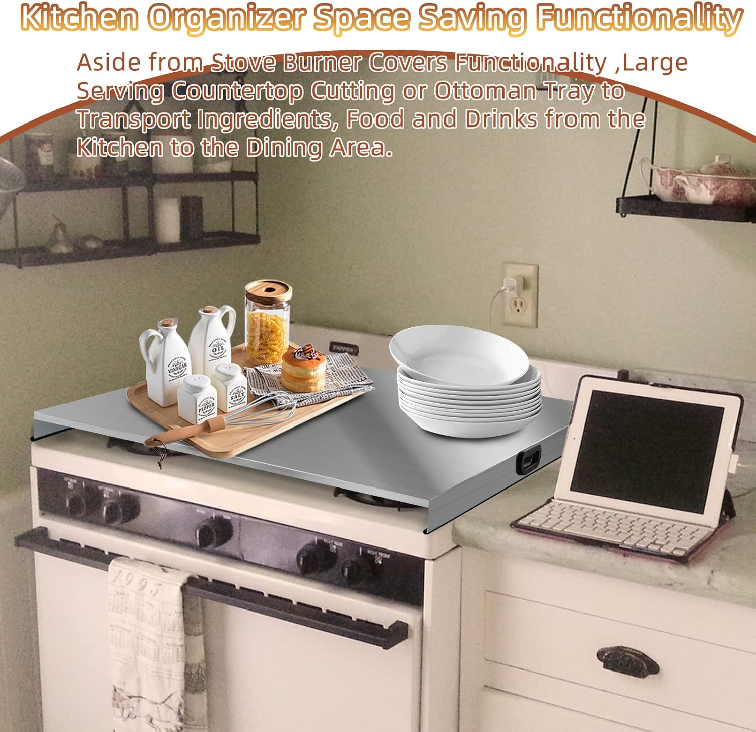 Stainless Steel Gas Stove Top Cover, Noodle Board Cooktop Cover, Kitchen Organizer for Gas and Electric Stove Range Expanding Kitchen Space, Large Size 36"x 23.6"x3", Sliver