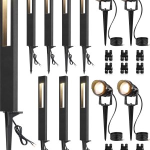 SUNVIE 12-Pack Low Voltage Pathway Lights Wired with Spotlights LED Outdoor Landscape Lighting Kit for Path, Garden, Yard, Patio, Cast-Aluminum, IP65 Waterproof, 12-24V AC/DC, 3000K Warm White, Black