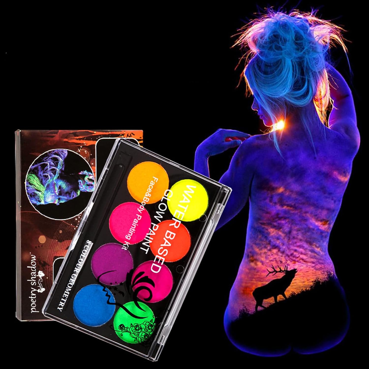 MEICOLY Neon Face Paint,UV Blacklight Glow Face Paint,8 Bright Colors Neon Fluorescent Rave Body Paint Palette,Water Activated Eyeliner,Water Based Glow In The Dark Halloween Washable for Kids Adults - Image 7