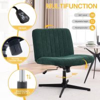 Armless Desk Chair No Wheels Wide Velvet Upholstered Office Chair Swivel Criss Cross Legs Large Seat Adjustable Height Accent Chair for Adults Dark Green - Image 3