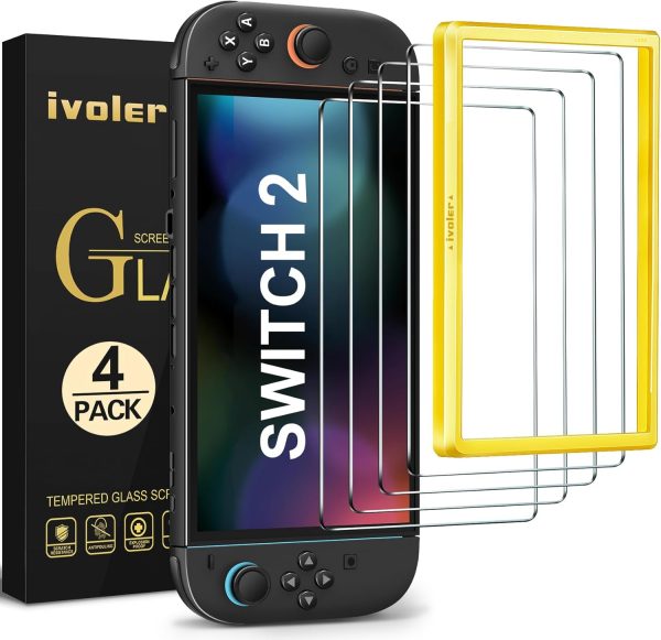 ivoler 4-Pack Tempered Glass Screen Protector Designed for Nintendo Switch 2 2025 with [Alignment Frame] Transparent HD Clear[Updated Version] Screen Protector for Switch 2 7.9''
