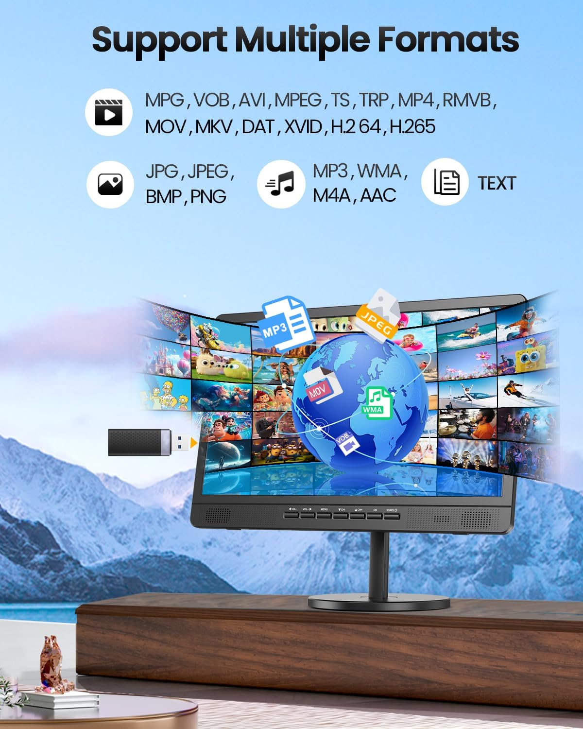 Desobry 18.5" Portable TV with Antenna, 6500mAh Built-in Power Operated TV, 12 Volt Small TV Support HDMI/AV/USB/Headphone Jack Input,Portable T V for Camping, RV, Patio, Kitchen, Indoor, Outdoor - Image 6