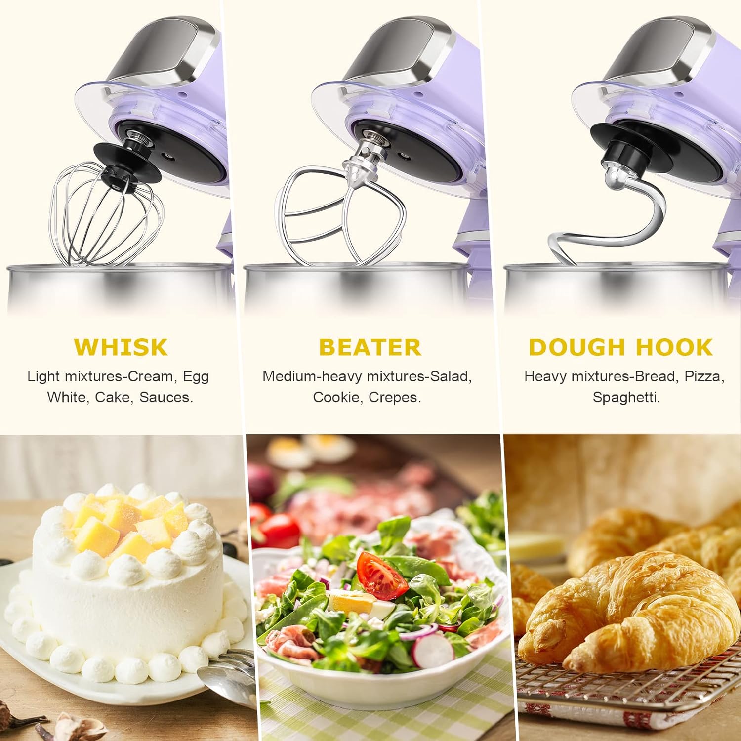 Stand Mixer, Kitchen in the box 3.2Qt Small Electric Food Mixer,6 Speeds Portable Lightweight Kitchen Mixer for Daily Use with Egg Whisk,Dough Hook,Flat Beater (Purple) - Image 4