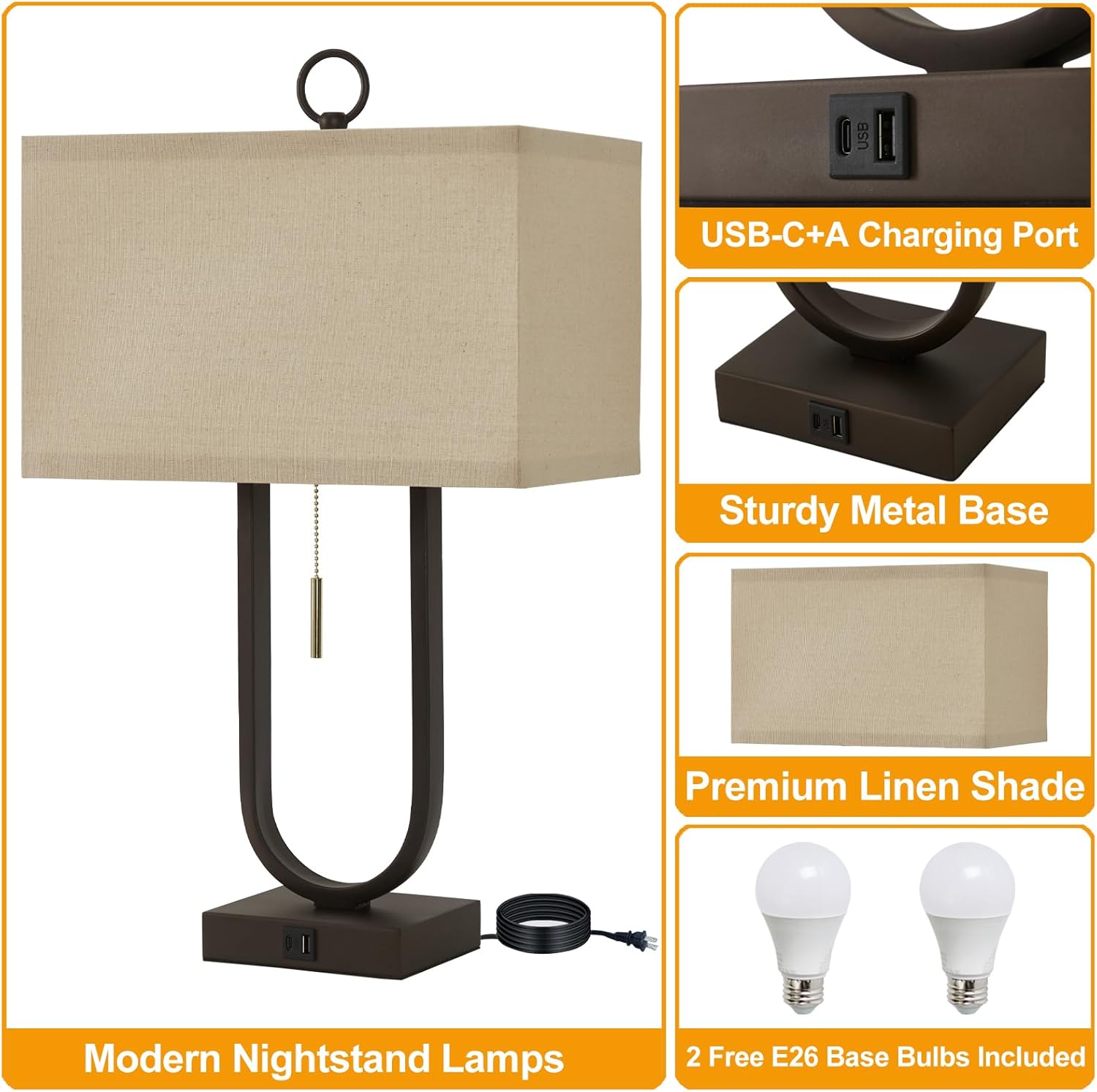 Luvkczc Bedside Lamps Set of 2, 24'' Tall Table Lamps for Night Stands with USB C+A Ports, 3000K LED Bulbs - Modern Desk Lamp for Bedroom, Living Room, Office, Beige Lampshade - Image 6