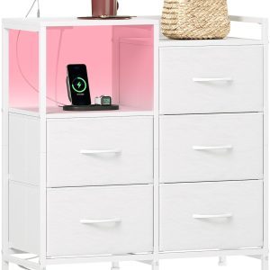 Somdot White Nightstand with Charging Station and LED Light, Wide 5 Drawers Dresser for Bedroom with Fabric Bins and Open Shelf for Bedroom Kids Closet Dorm Guest Room, White Leather