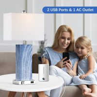 Touch Control Table Lamps with White Fabric Shade Set of 2, 3-Way Dimmable Modern Ceramic Blue Nightstand Bedside Lamp with 2 USB Ports 1 AC Outlet for Living Room, Bedroom (LED Bulbs Included) - Image 3