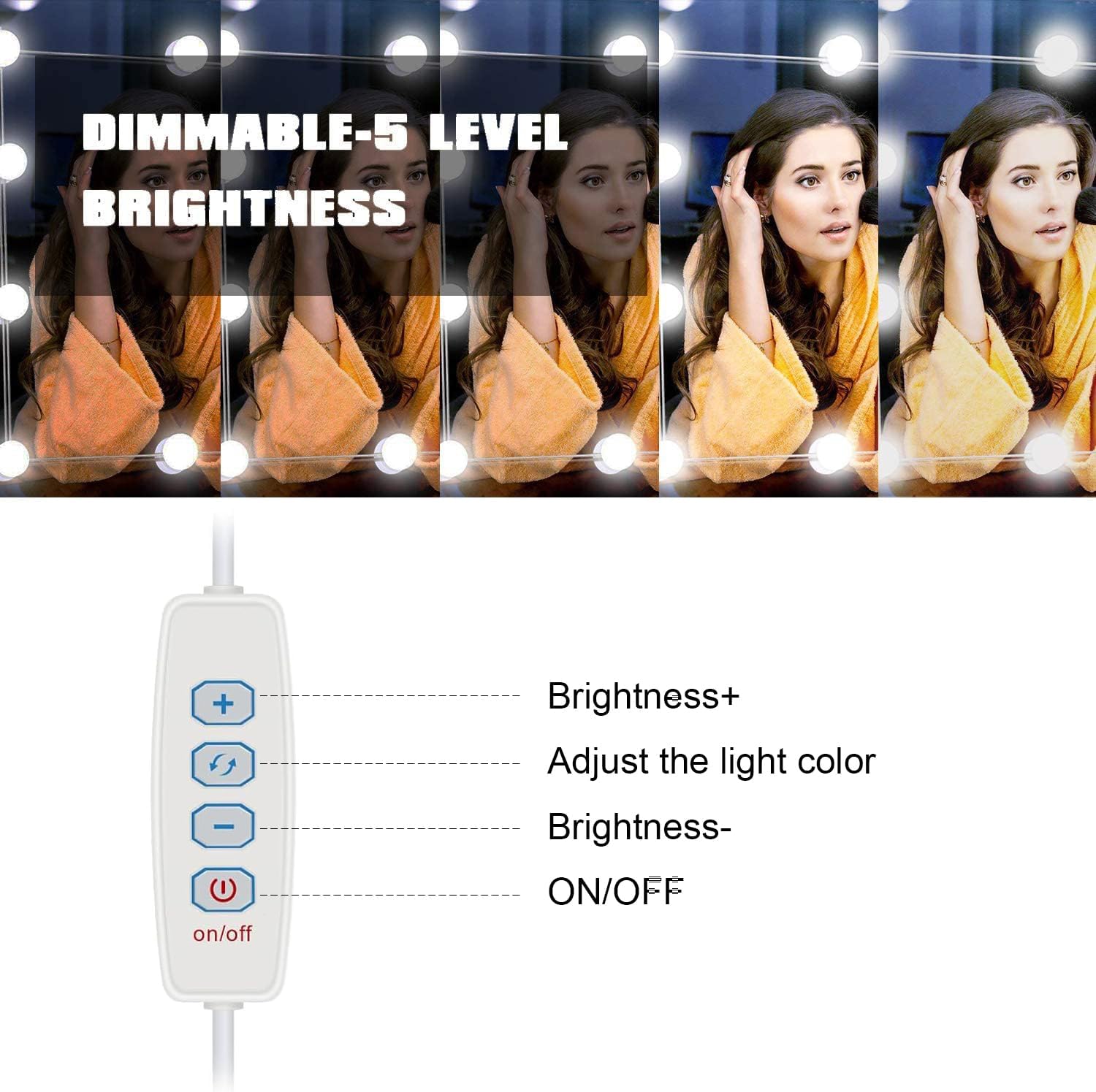 LED Vanity Mirror Lights, Hollywood Style With 14 Dimmable Bulbs, Adjustable Color & Brightness, USB Cable, Stick-on for Makeup Table Dressing Room - Image 2