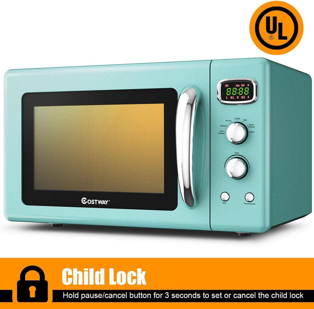 COSTWAY Retro Countertop Microwave Oven, 0.9Cu.ft, 900W Microwave Oven, with 5 Micro Power, Defrost & Auto Cooking Function, LED Display, Glass Turntable and Viewing Window, Child Lock - Image 5