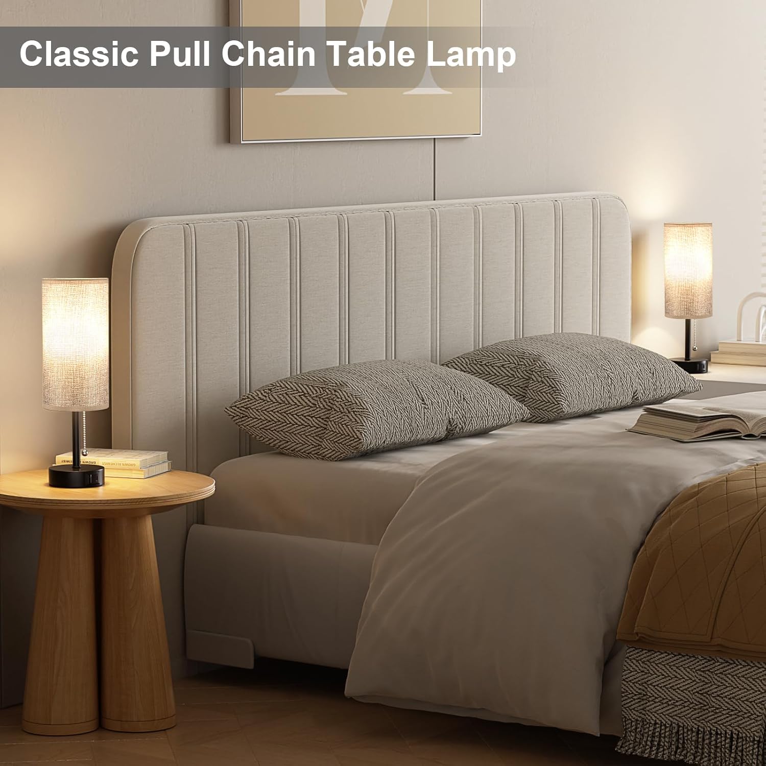 Grey Bedside Lamp for Bedroom Nightstand - Small Table Lamp with USB A + C Charging Port, 3 Color Temperatures Pull Chain Night Stand Light with Bulb, Side Table Desk Reading Lamp for Living Room/Dorm - Image 3