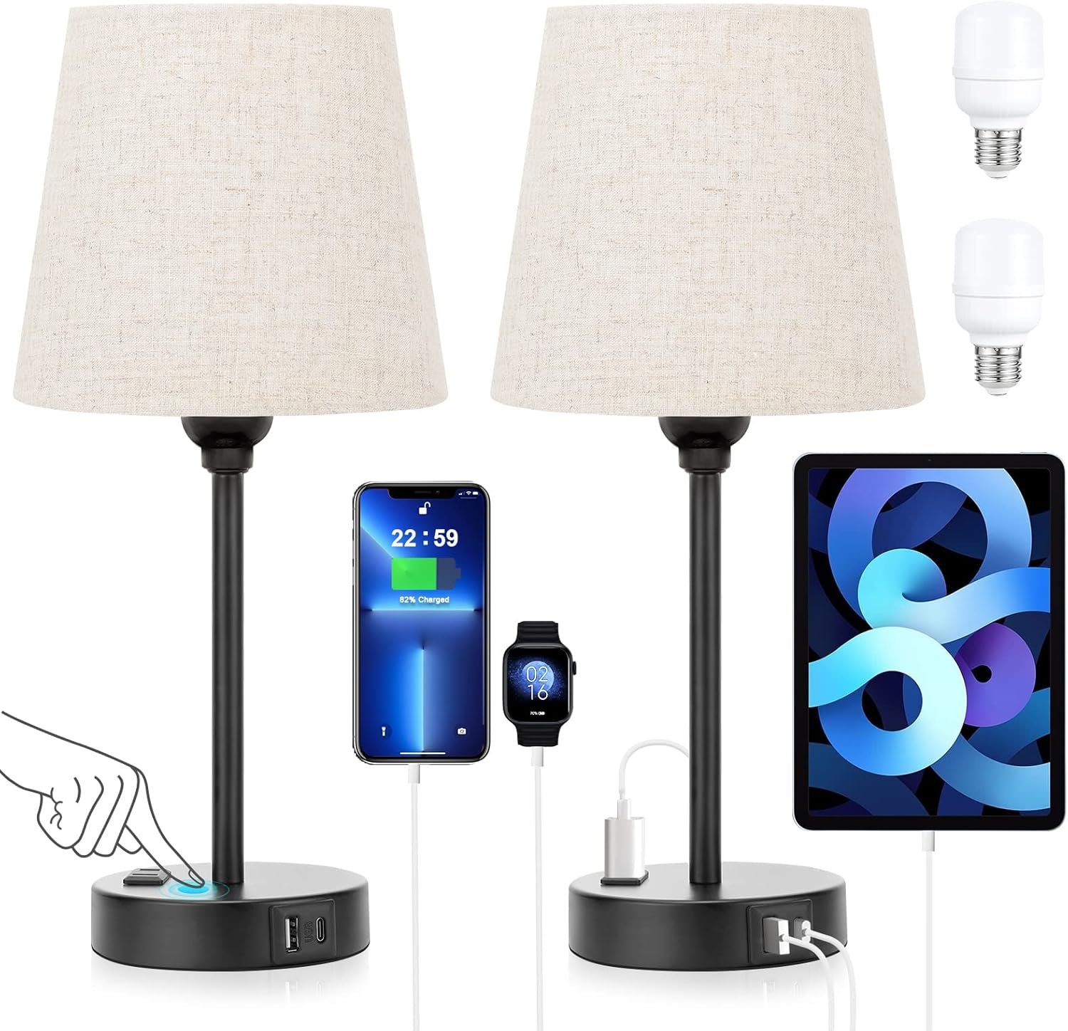 Mini Bedside Lamps for Bedrooms Set of 2 - Nightstand Bedroom Lamps with USB C Port and AC Outlet Charging, Dimmable Touch Small Bed Side Table Lamp, Black Night Stand Light for Kids/Guest Room - Image 9