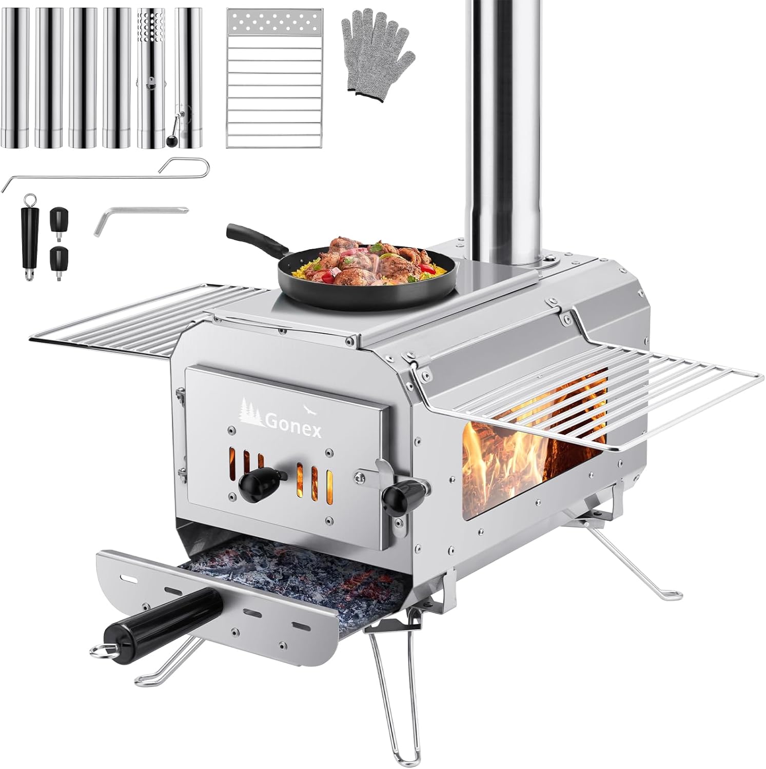 Gonex Hot Tent Stove, Portable Wood Burning Camping Stove with Ash Drawer & Large Firebox for Tent, Outdoor, Heating, Cooking, Ice Fishing