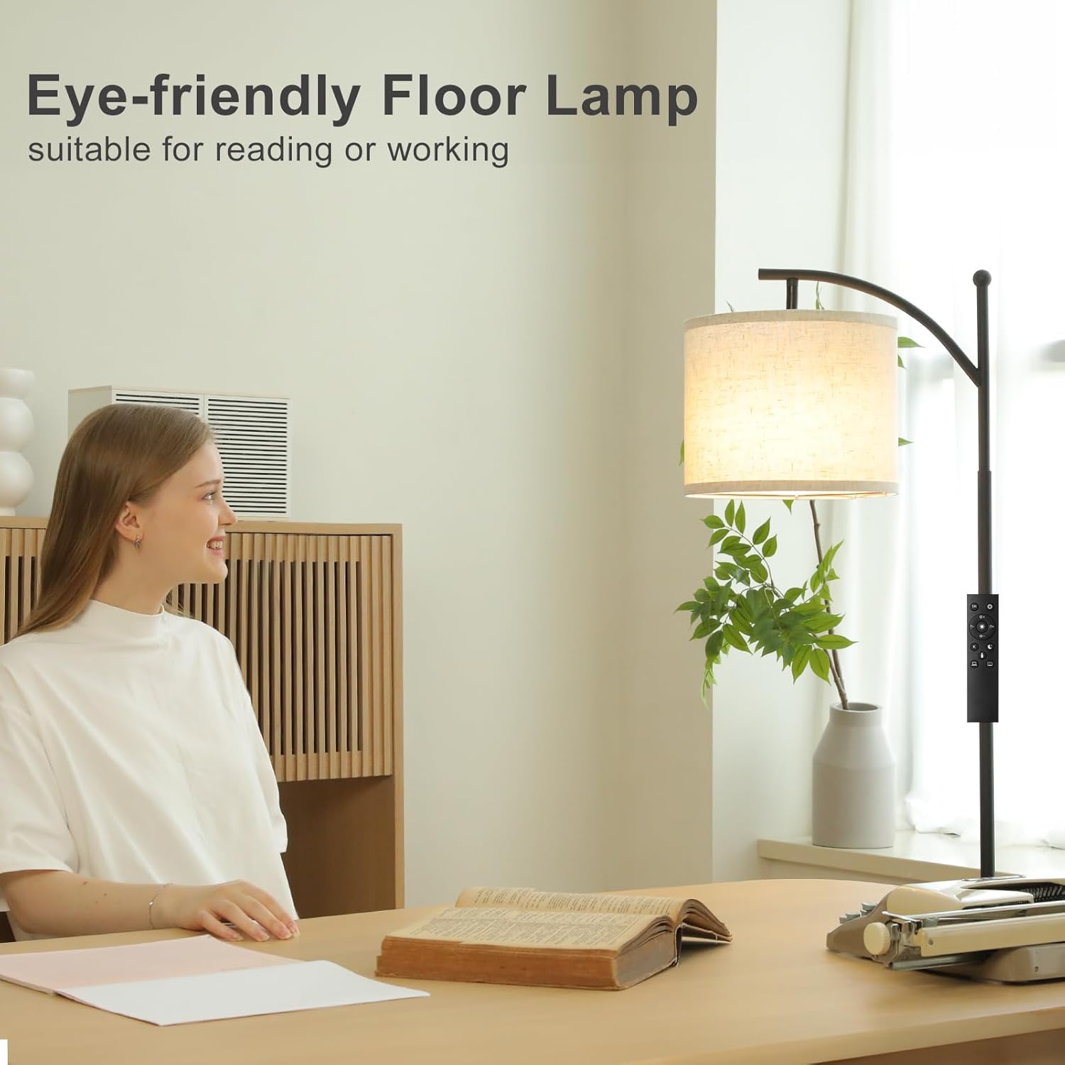 Ambimall 60" Floor Lamp with Remote Control and Stepless Dimmable Bulb, Colors Temperature & Brightness Adjustable, Modern Floor Lamps for Living Room(Beige Shade & Black Pole) - Image 3