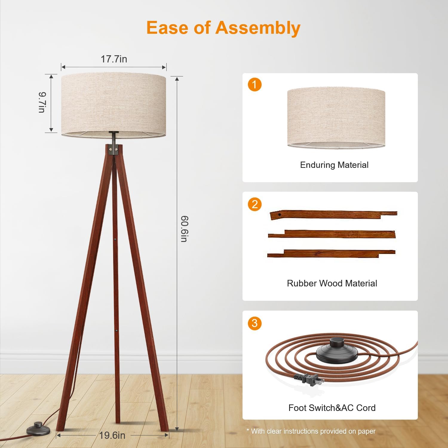 LEPOWER Wood Tripod Floor Lamp, Mid Century Standing Lamp, Modern Design Studying Light for Living Room, Bedroom, Study Room and Office, Flaxen Linen Shade with E26 Base Brown - Image 8