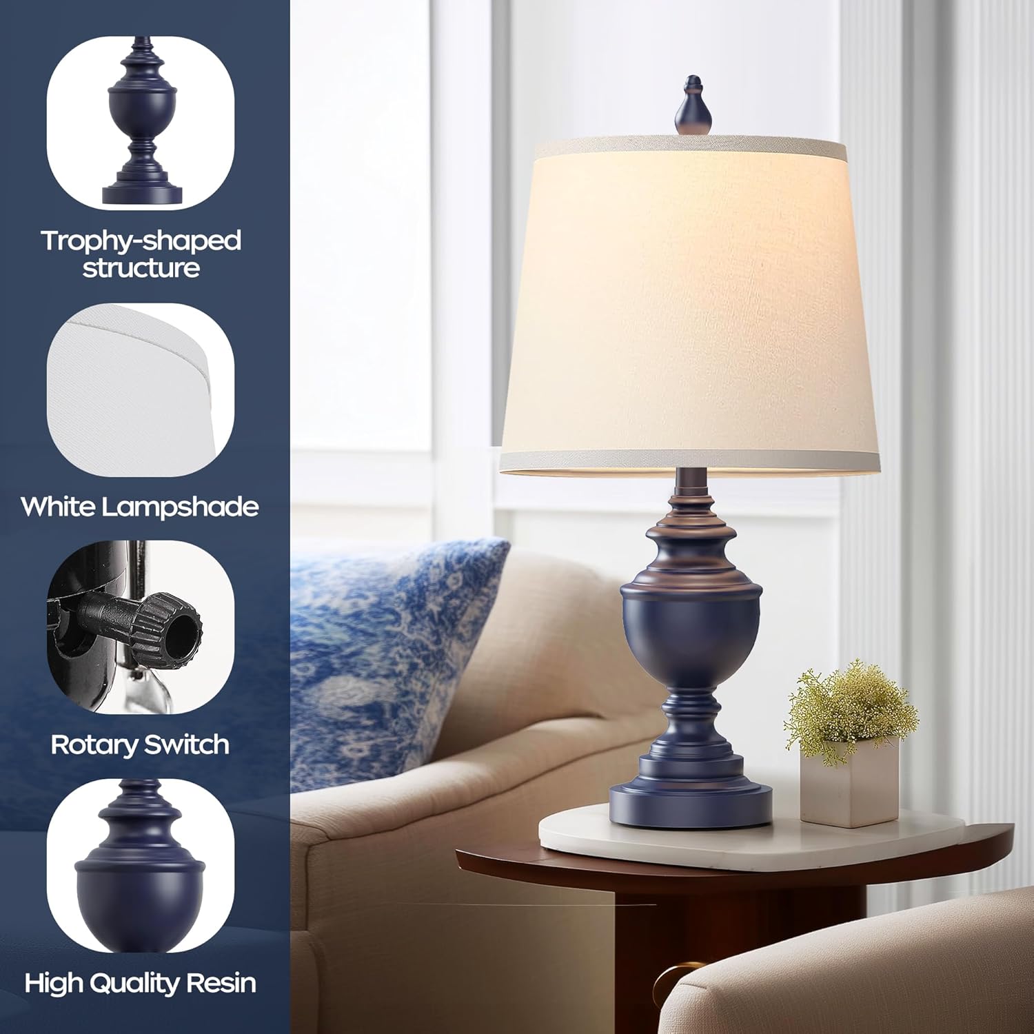 PARTPHONER Retro Table Lamps Set of 2, Bedside Lamp for Bedroom Rustic Farmhouse Table Lamps for Living Room, Vintage Nightstand Lamps with White Shades, Blue - Image 3