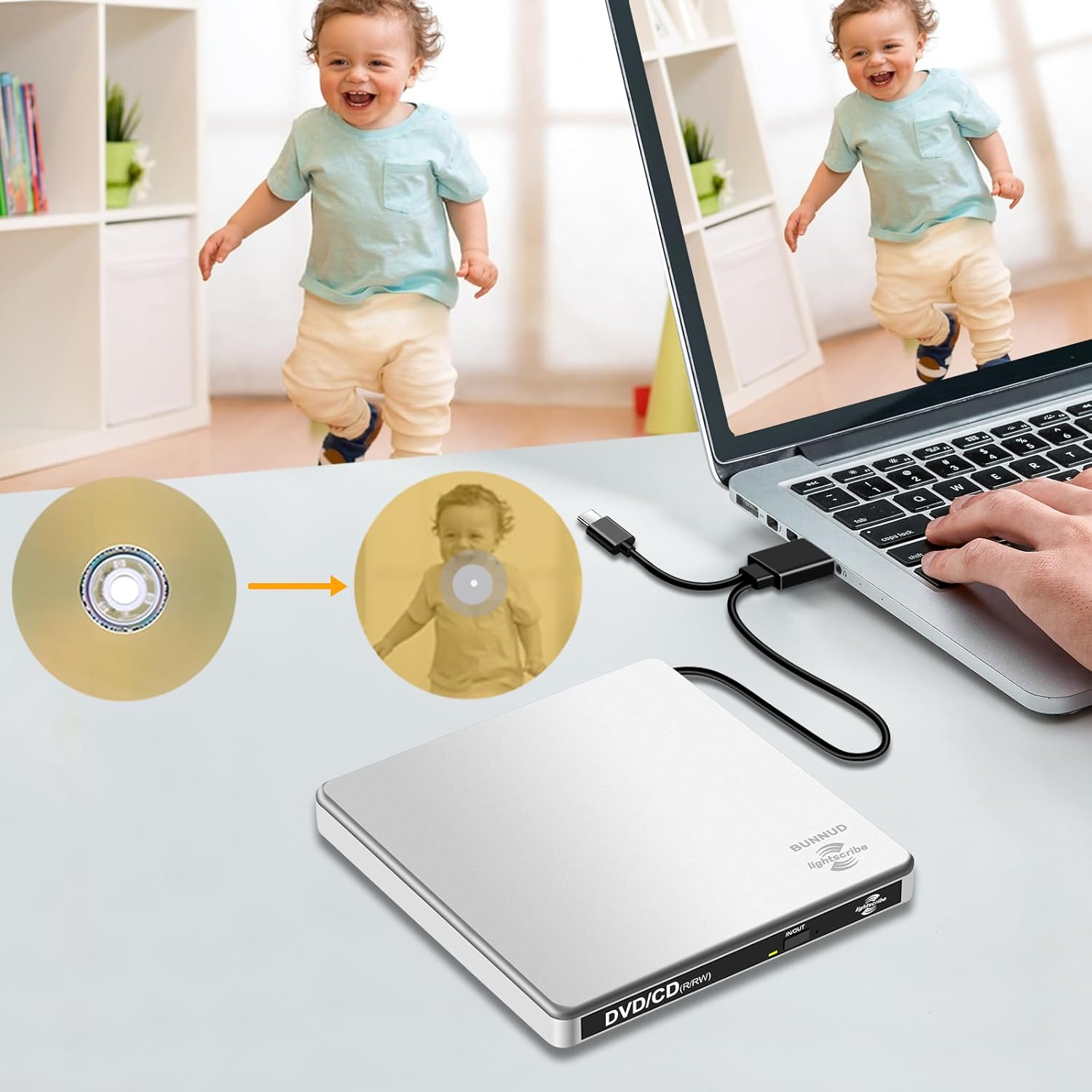 BUNUD LightScribe DVD Burner for Laptop: External Portable USB C CD/DVD Drive Compatible with Mac Windows Linux for Disc Labeling Wedding Photos with SD/TF/2 USB Ports Plug & Play(Silver) - Image 2