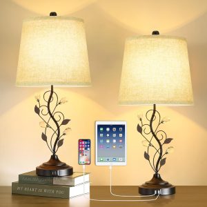 24.5in Farmhouse Table Lamps Set of 2, Rustic Bedroom Lamps with 2 USB Charging Ports, Cream Fabric Shade, Metal & Crystal Finish