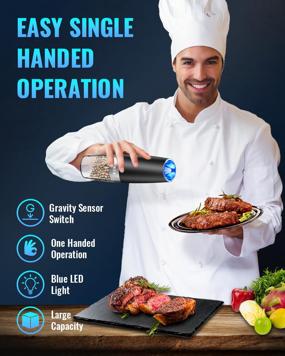 XinXu Gravity Electric Pepper and Salt Grinder Set, Adjustable Coarseness, Battery Powered with LED Light, One Hand Automatic Operation, Black -2 Pack - Image 3