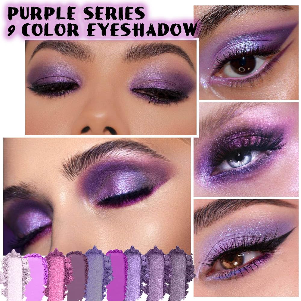 evpct 9 Colors Purple Glitter Eyeshadow Palette, Lavender Violet Purple Pink Glitter Metallic Shimmer Sparkly Eye Shadow Palette Makeup for Older Women Blue Eyes, Highly Pigmented Waterproof eyeshadow - Image 2