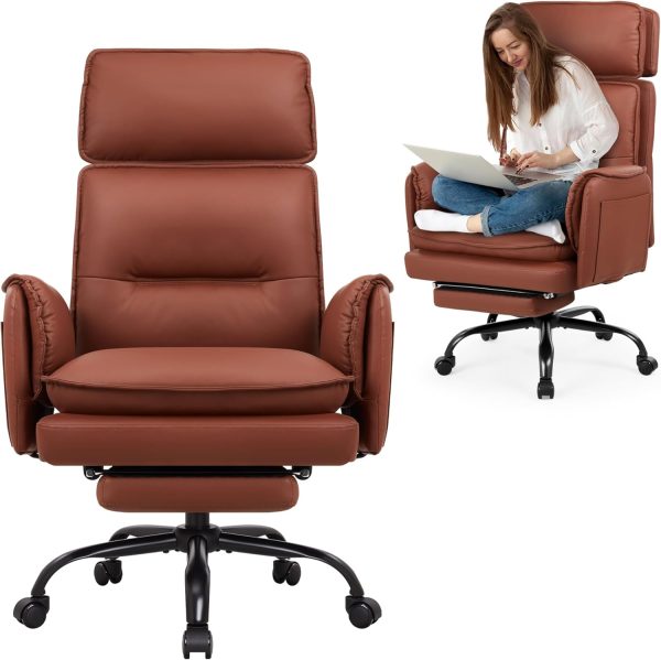 Office Chair 500lb,Big and Tall Criss Cross Desk Chair,Wide Seat Reclining Managerial Computer Chairs,Heavy People,Ergonomic High Back Faux Leather Chairs,Lumbar Support,Adjustable Headrest Brown