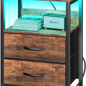 Yoobure Nightstand with Charging Station, LED Night Stand with Fabric Drawers and Storage Shelf for Bedroom, Nightstands Bedside Tables with USB Ports & Outlets, Small Night Stands, Bed Side Table