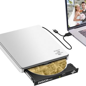 BUNUD LightScribe DVD Burner for Laptop: External Portable USB C CD/DVD Drive Compatible with Mac Windows Linux for Disc Labeling Wedding Photos with SD/TF/2 USB Ports Plug & Play(Silver)