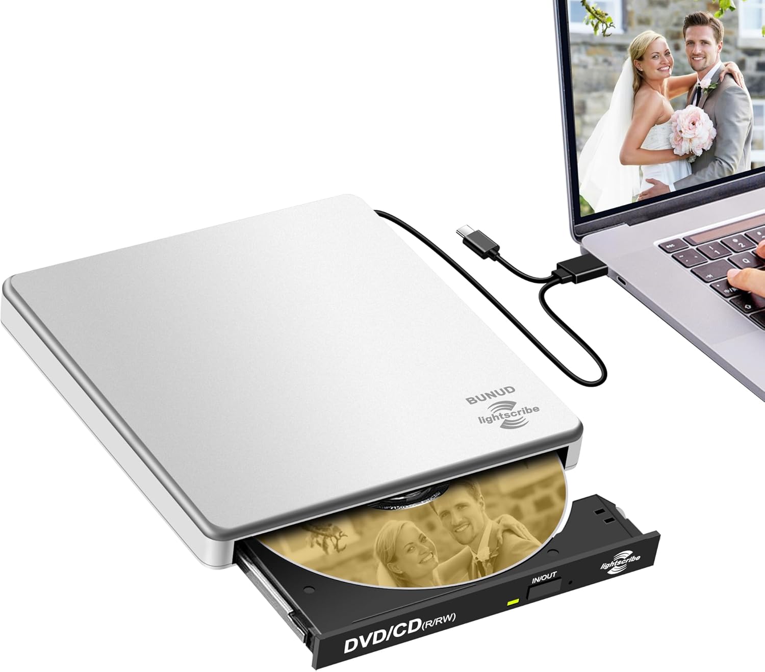 BUNUD LightScribe DVD Burner for Laptop: External Portable USB C CD/DVD Drive Compatible with Mac Windows Linux for Disc Labeling Wedding Photos with SD/TF/2 USB Ports Plug & Play(Silver)