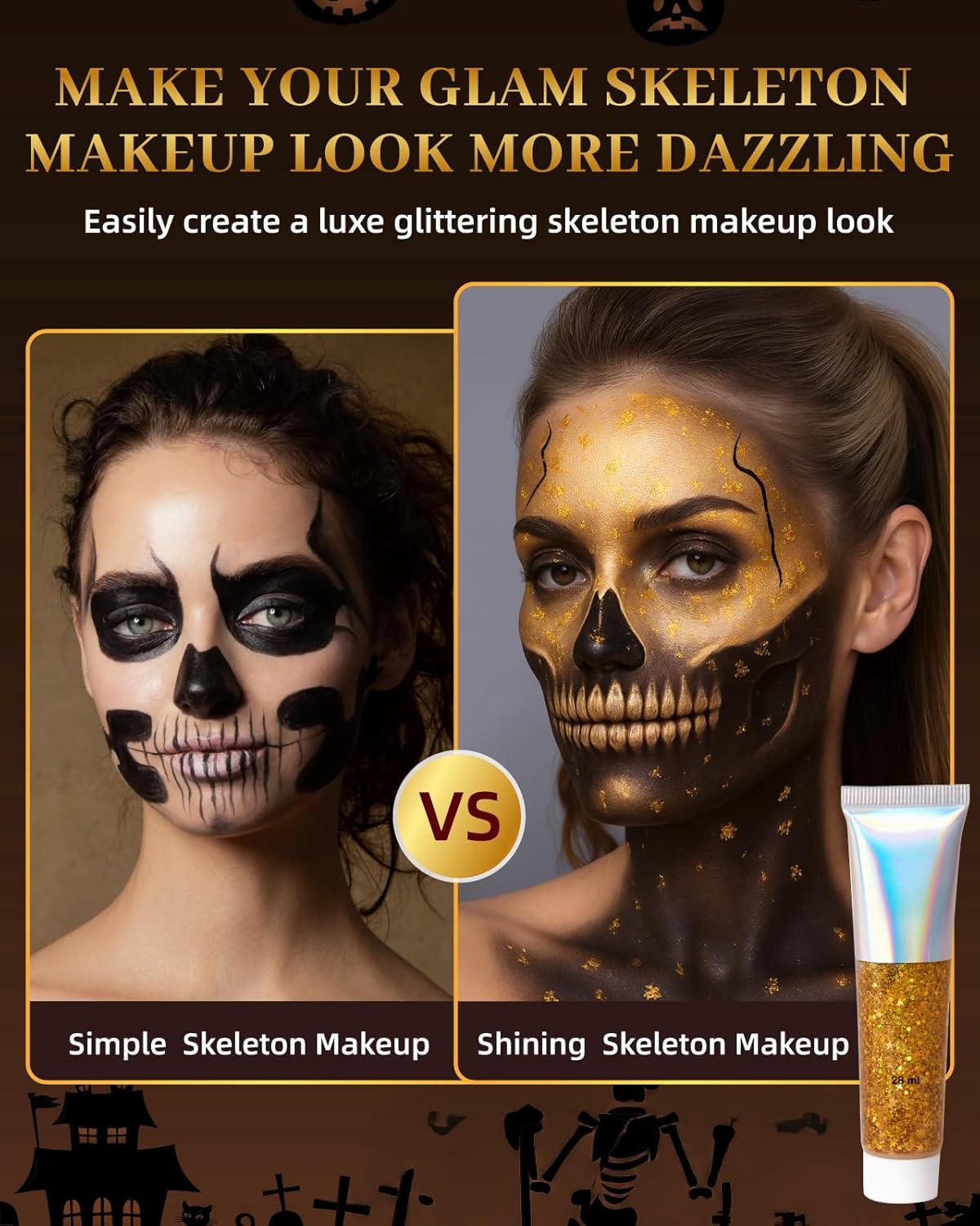 Halloween Glam Skeleton Makeup Kit - Lictin Complete Skeleton/Skull Face Paint with Gold Glitter Gel, Professional Skull SFX Make Up Kit for Halloween, Costume, Cosplay, Carnivals for Adults & Kids - Image 7