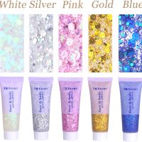Face Body Glitter, Hair Glitter Sparkles Chunky Face Glitter Gel for Girls Makeup Singer Concerts Mermaid Festival Sequins Face Paint (White+Silver+Pink+Gold+Blue) - Image 2