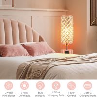Hong-in Crystal Table Lamp - 3-Way Dimmable Touch Control, Rose Gold Bedside Lamp with USB C and A Ports, Nightstand Light for Living Room, Bedroom, Home Office (Bulb Included) - Image 7