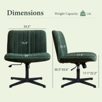 Armless Desk Chair No Wheels Wide Velvet Upholstered Office Chair Swivel Criss Cross Legs Large Seat Adjustable Height Accent Chair for Adults Dark Green - Image 2