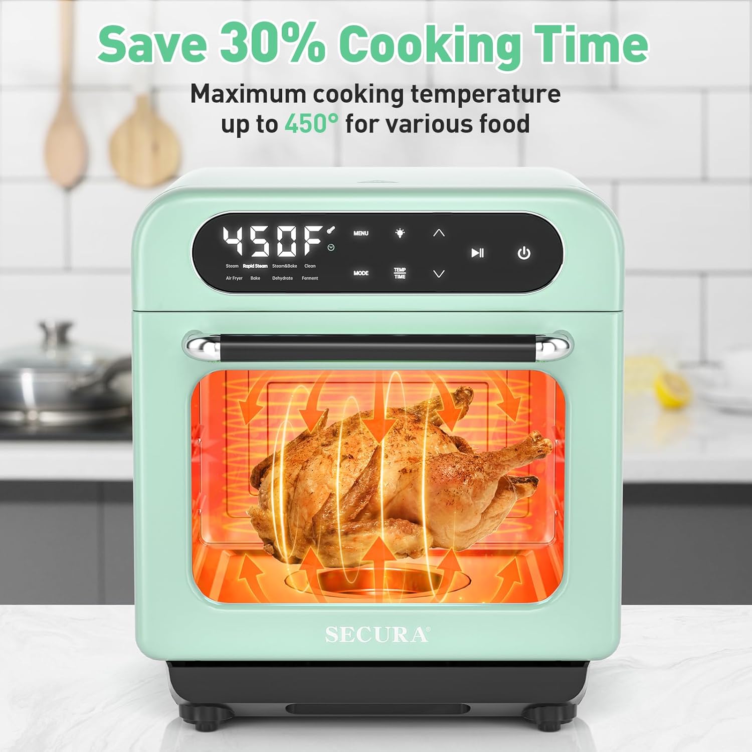 Secura Multifunction Air Fryer Steam Oven, 13 Quart Compact Oven with Convection Bake, Airfryer, Rapid Steam, Ferment, Dehydrator Combo, Nutritious & Delicious Food Steamer for Cooking (Mint Green) - Image 5
