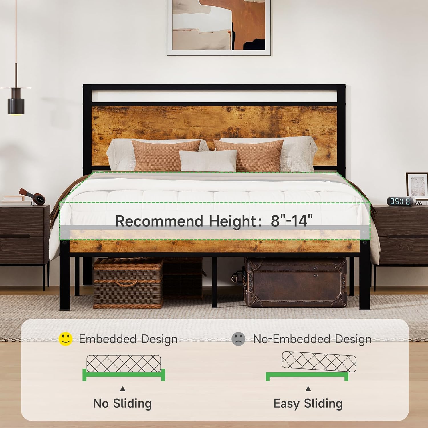 Z-hom Queen Bed Frame with Modern Wood Headboard & Footboard, Upgraded Heavy Duty Metal Sturdy Bed Frame Queen Size, Stable Platform Bed Furniture Bed Storage, No Noise, No Box Springs, Vintage Brown - Image 9