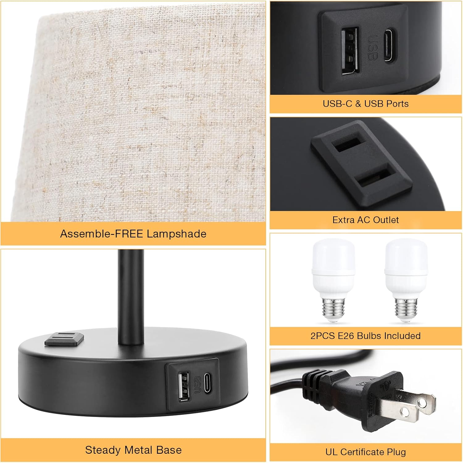 Mini Bedside Lamps for Bedrooms Set of 2 - Nightstand Bedroom Lamps with USB C Port and AC Outlet Charging, Dimmable Touch Small Bed Side Table Lamp, Black Night Stand Light for Kids/Guest Room - Image 8