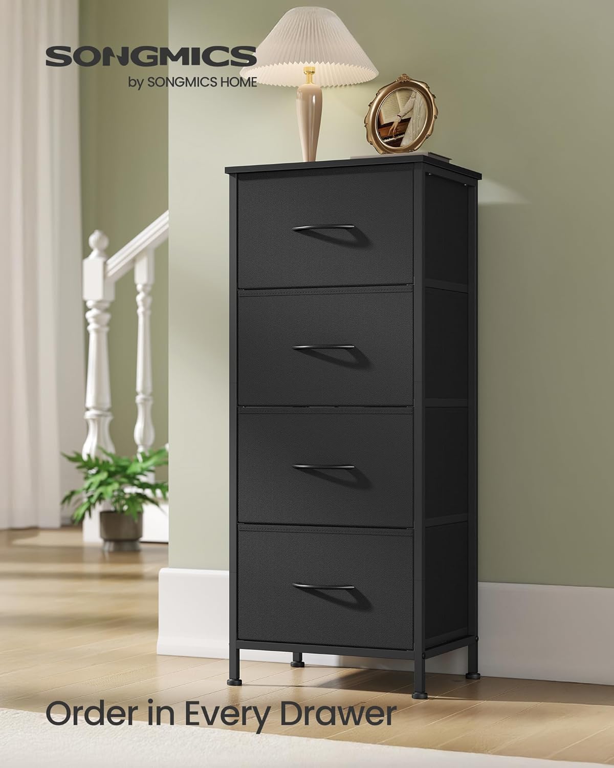 SONGMICS Dresser for Bedroom, Chest of Drawers, Steel, MDF, 4 Non-Woven Fabric Drawers, Storage Organizer Unit, Closet, Entryway, Ink Black and Ebony Black ULGS314B01S - Image 3