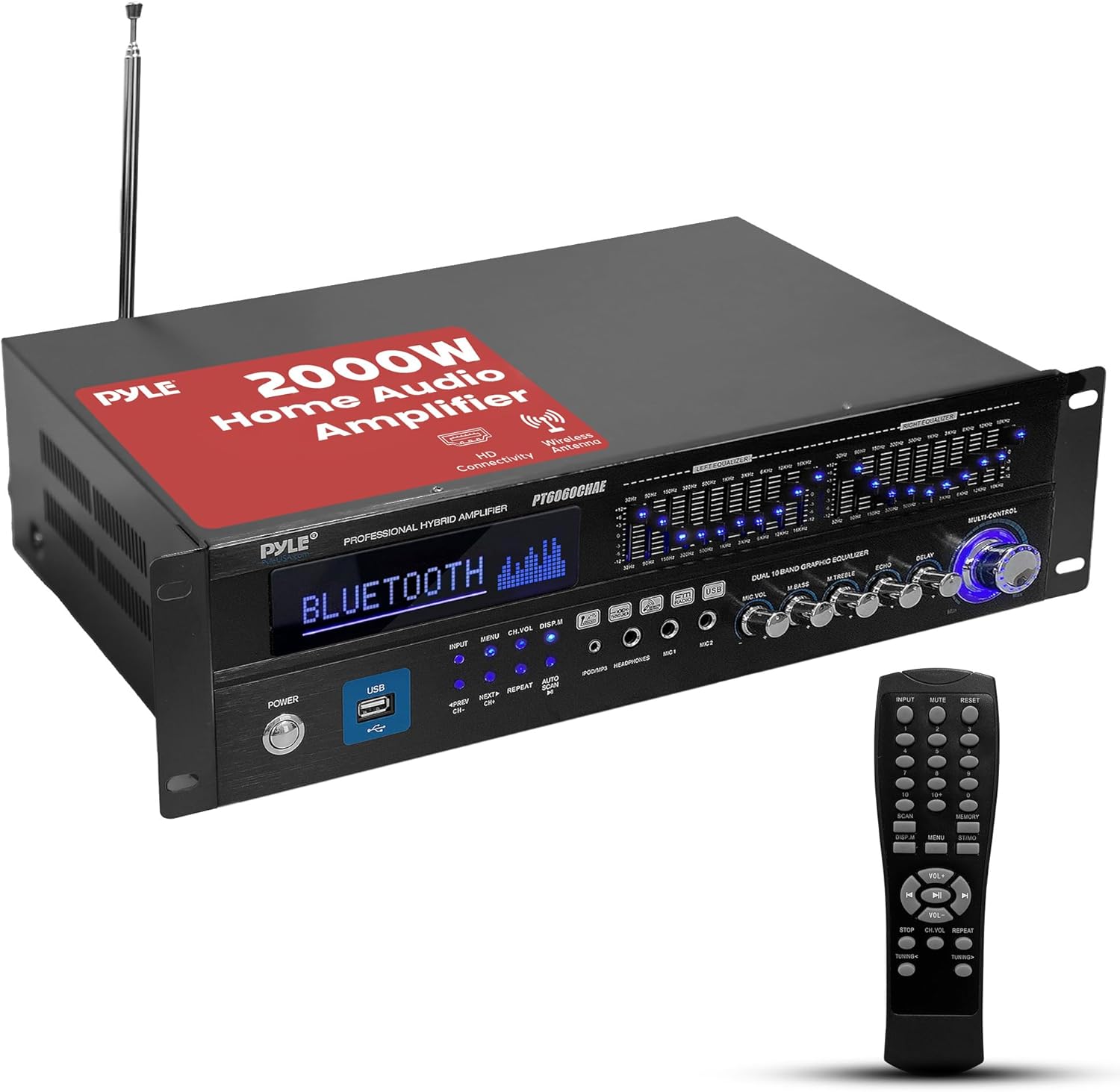 Pyle Bluetooth Hybrid Home Amplifier - 6-Channel 2000W Home Audio Rack Mount Stereo Power Amplifier Receiver w/ Radio, USB/AUX/RCA/Mic, Optical/Coaxial, AC-3, DVD Inputs, Dual 10 Band EQ - PT6060CHAE