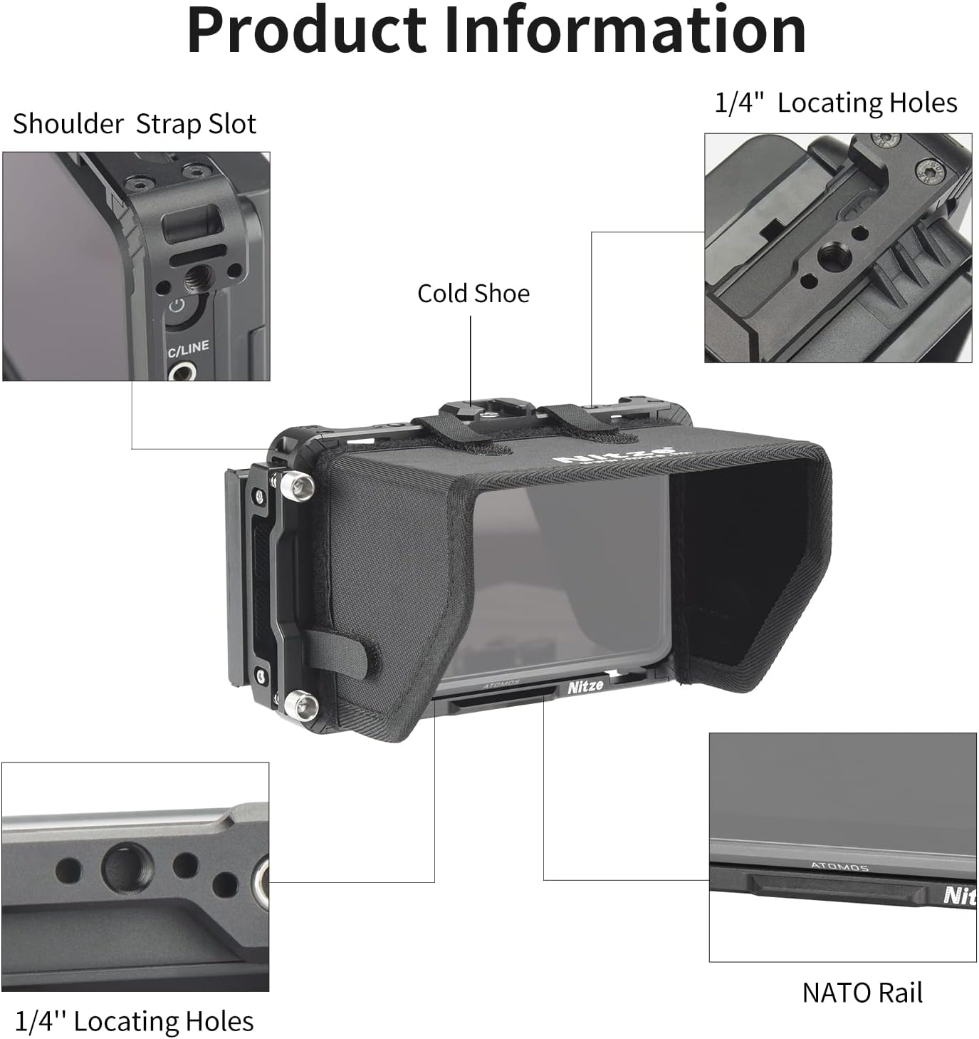 Nitze Cage Kit for Atomos Ninja V/Ninja V+ / Shinobi/Ninja/Ninja Ultra/Zato Connect Monitor, with HDMI Cable Clamp and Sunhood - JT-A02B - Image 2