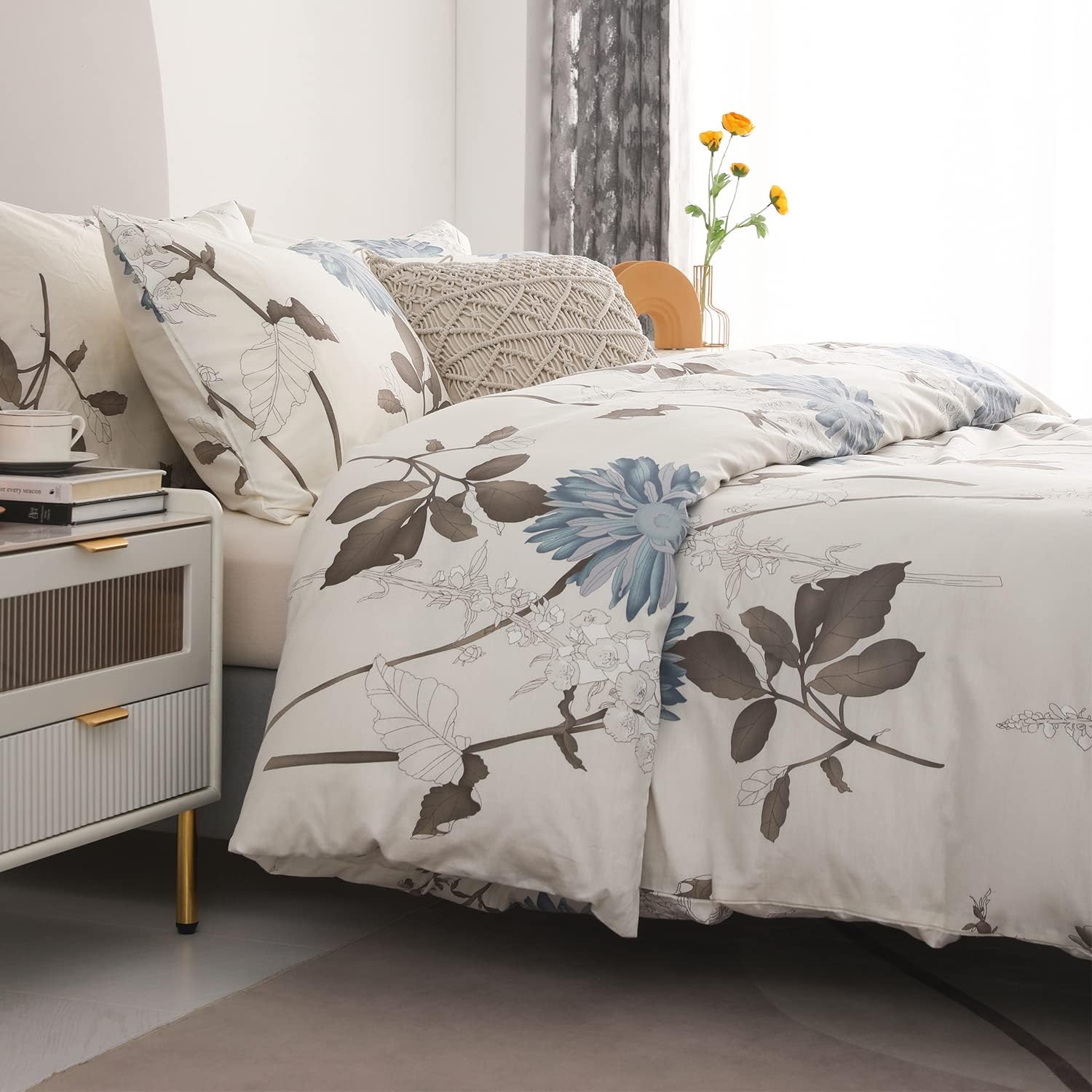 SLEEPBELLA Comforter King Size, 600 Thread Count Cotton Brown Branches and Blue Flowers Off-White Comforter Sets, Down Alternative Bedding Set 3Pcs(King, Off-White Botanical) - Image 4