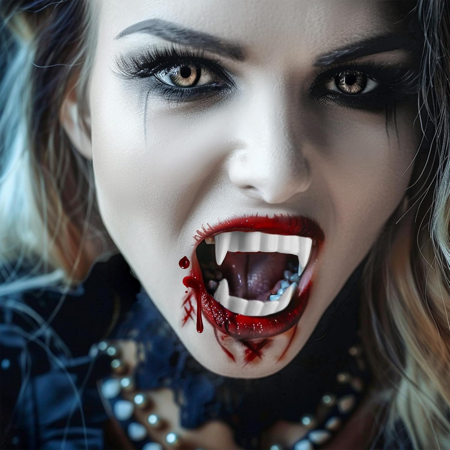 BOBISUKA Halloween Vampire Makeup Kit with White Face & Body Paint, Fake Blood, Black and Red Face Paint Crayon and Fake Teeth SFX Makeup Set for Zombie Wounds Clown Cosplay Special Effects Makeup - Image 6