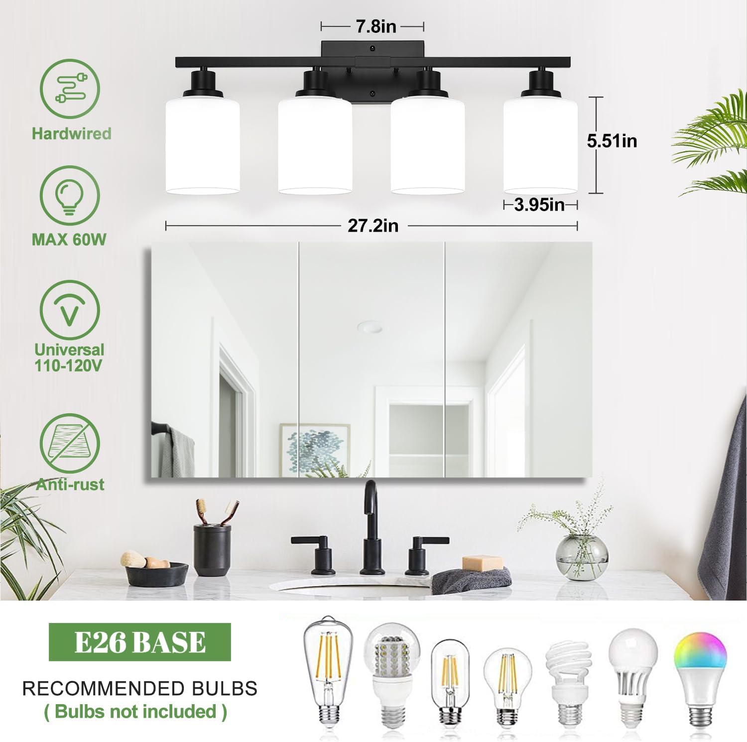 4-Light Bathroom Light Fixtures, Vanity Light with Milky White Shades, Matte Black Bathroom Light Fixtures Over Mirror, Modern Bathroom Wall Lamp for Mirror Living Room Cabinet Bedroom - Image 7