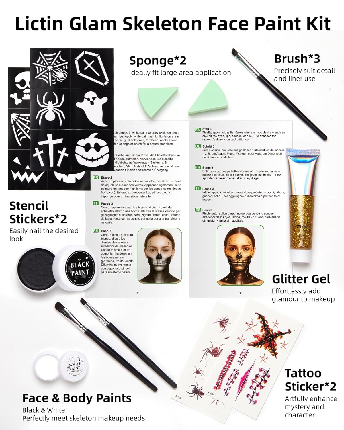 Halloween Glam Skeleton Makeup Kit - Lictin Complete Skeleton/Skull Face Paint with Gold Glitter Gel, Professional Skull SFX Make Up Kit for Halloween, Costume, Cosplay, Carnivals for Adults & Kids - Image 2