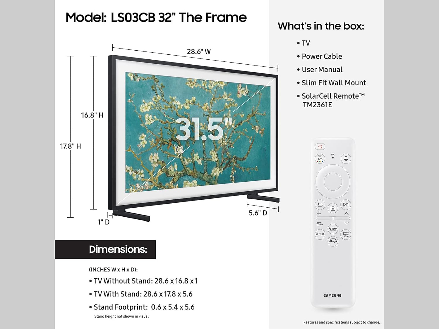 Samsung QN32LS03CBFXZA 32 Inch The Frame QLED Smart TV with Art Mode and 2 Year Amber Protection Plan (2023) - Image 5