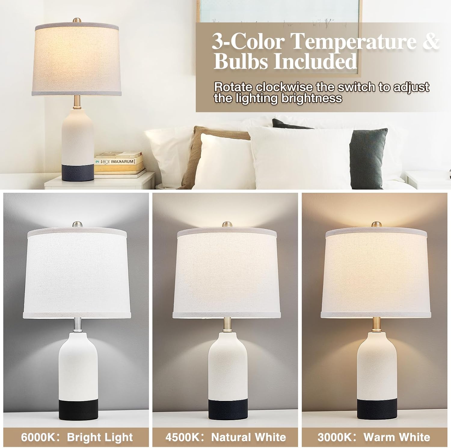 Luvkczc Modern Ceramic Lamps for Bedrooms Set of 2, 3-Color Temperature Table Lamp Bedside Nightstand Desk Reading Lamp with Fabric Drum Shade for Bedroom, Living Room, 2 Bulbs Included (21.4") - Image 3
