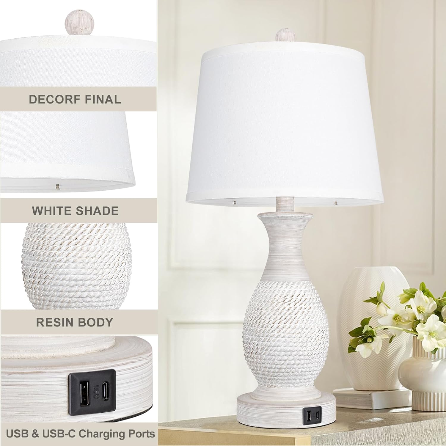 PARTPHONER Table Lamps Set of 2, Bedside Touch Lamp with USB C+A Charging Ports, Side Table Lamp with White Fabric Shade (LED Bulbs Included) - Image 7
