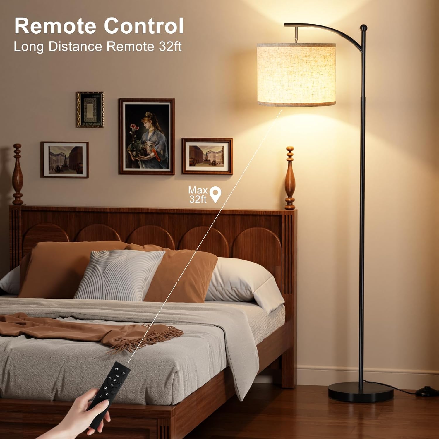 Ambimall 60" Floor Lamp with Remote Control and Stepless Dimmable Bulb, Colors Temperature & Brightness Adjustable, Modern Floor Lamps for Living Room(Beige Shade & Black Pole) - Image 6