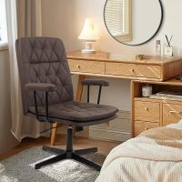 CLATINA Brown Office Chair No Wheels, Leather Criss Cross Desk Chairs with Arms, Modern Cross Legged Computer Chair, Mid Back Height Adjustable Swivel Task Vanity Chair for Home Office - Image 2