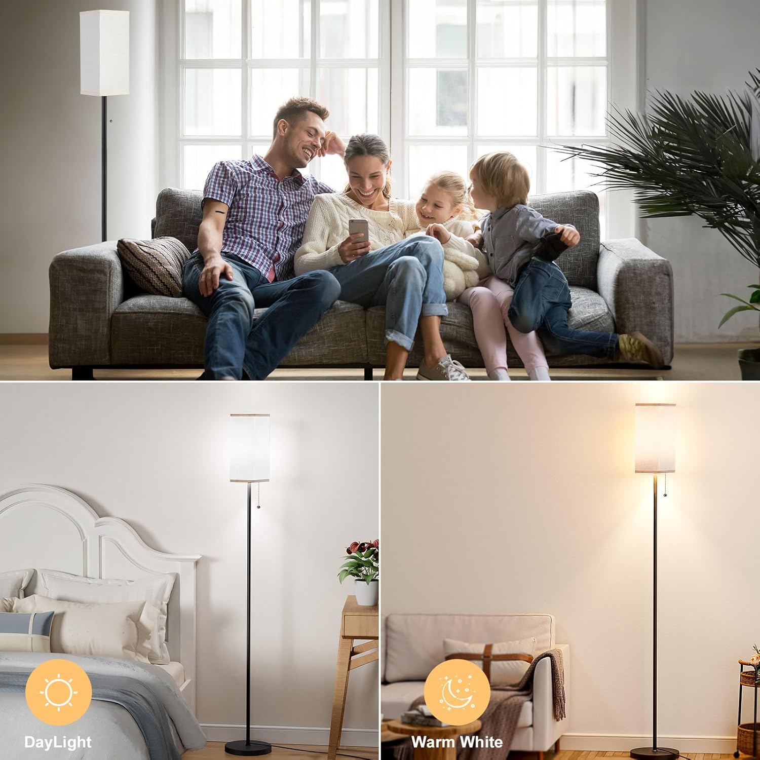 Floor Lamps for Living Room, Modern Standing Lamp with Pull Chain Switch, 3 Color Temperature Black Pole Lamp with Lampshade, 9W LED Bulb Tall Lamps for Bedroom Office Kid Room - Image 6
