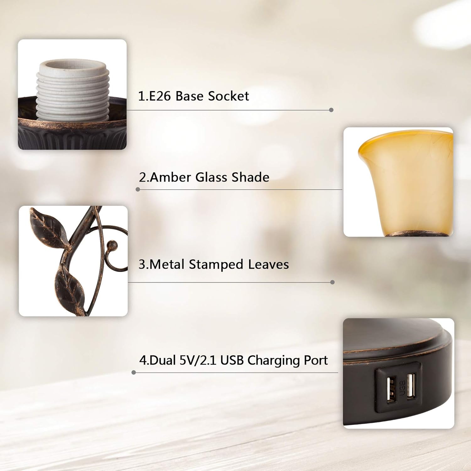 Touch Control Table Lamp with 2 USB Charging Ports, 3-Way Dimmable Bedside Nightstand Lamps, Amber Glass Shade Vintage Rural Leaf Lamp for Living Room, Bedroom, Dresser, LED Bulb Included (Bronze) - Image 7