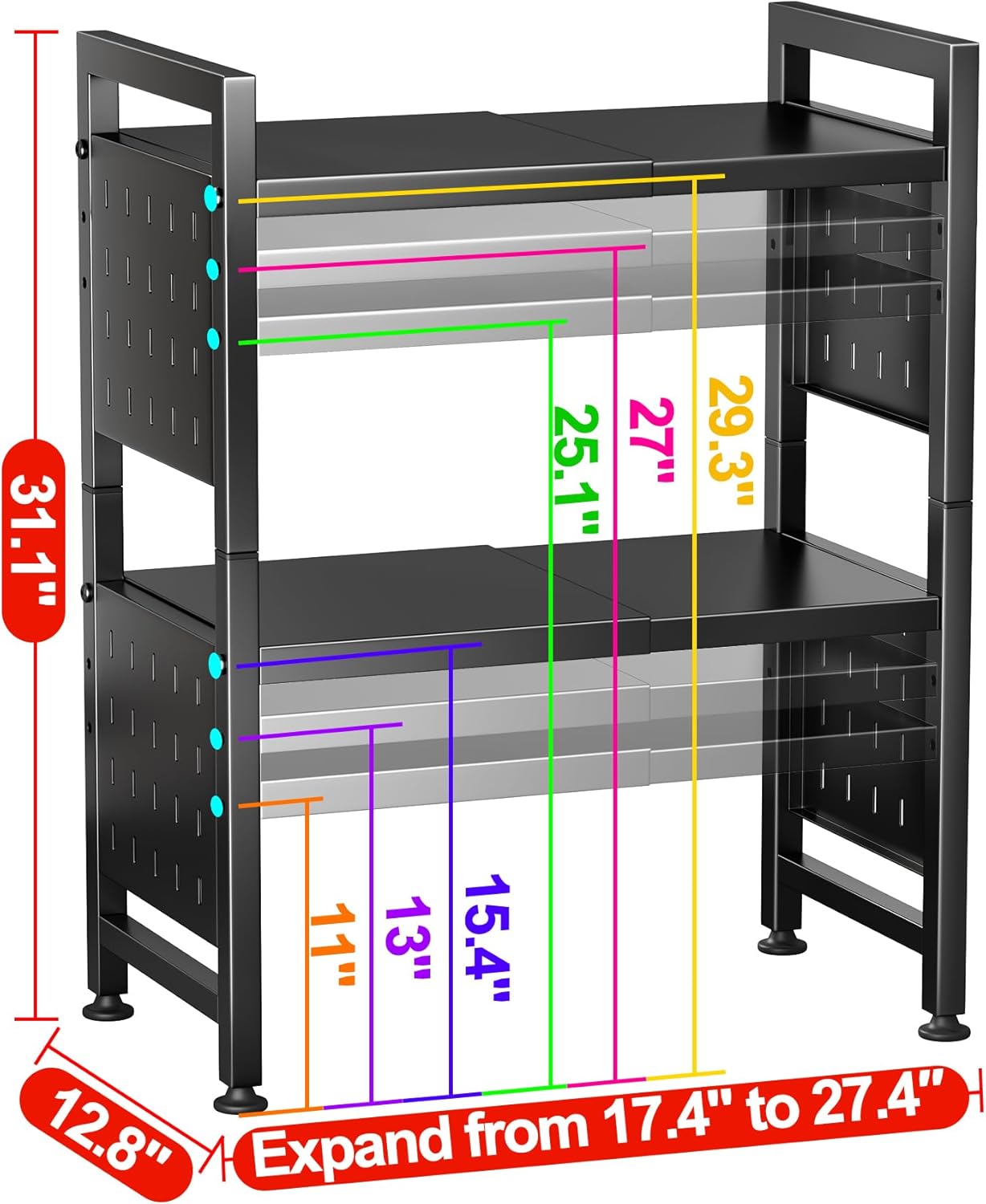 Microwave Stand, 3-Tier Expandable(17.4"- 27.4") Heavy Duty Adjustable Shelf Microwave Oven Rack, Kitchen Countertop Organizer and Storage with 9 Hooks & Cutting Board Holder, Holds up 180 lbs, Black - Image 6