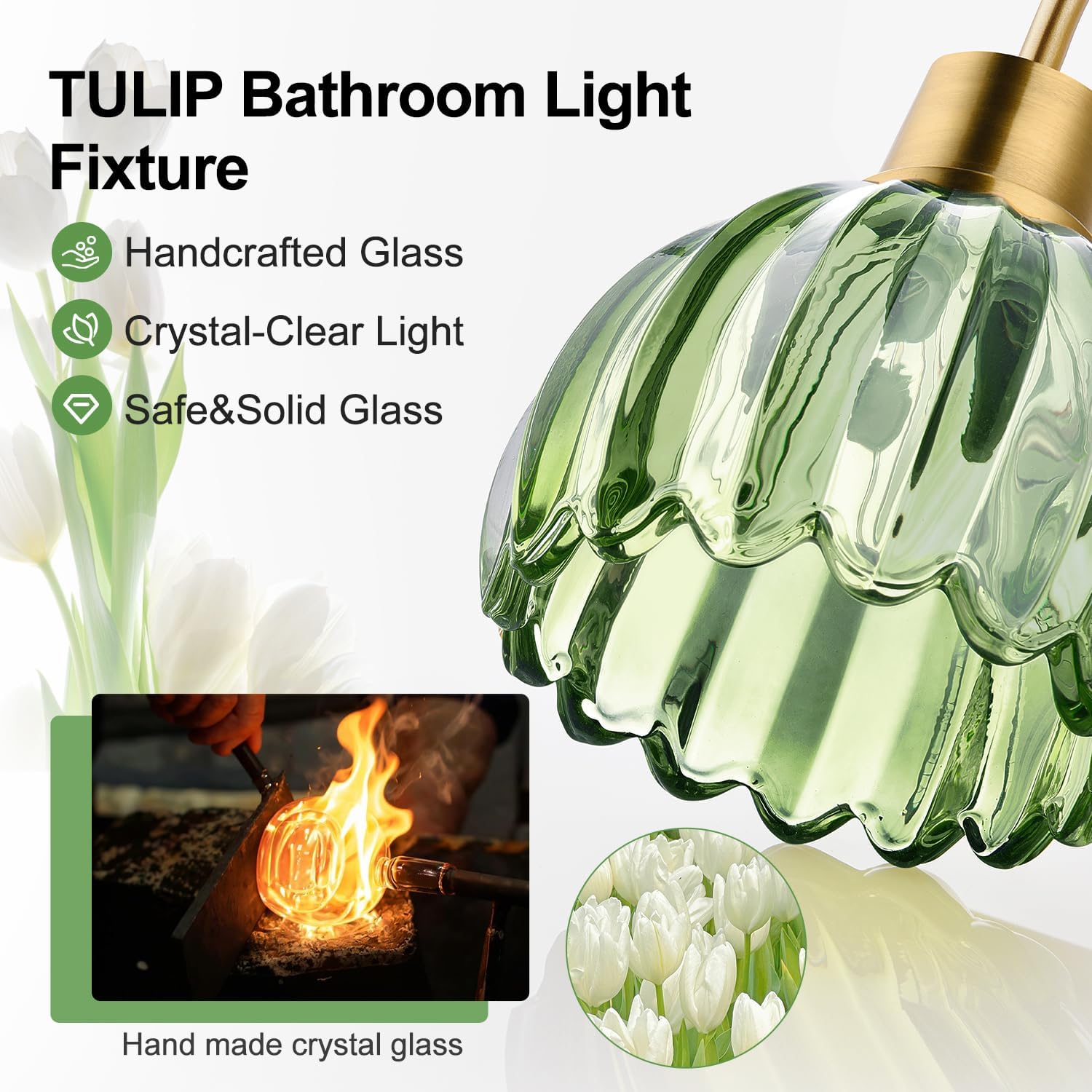 Bathroom Light Fixtures (3-Light, 20 in), Brushed Gold Vanity Lights for Bathroom with Ribbed Green Tulip Glass Shade, Vintage Vanity Wall Lights for Mirror Bedroom Living Room Hallway - Image 3