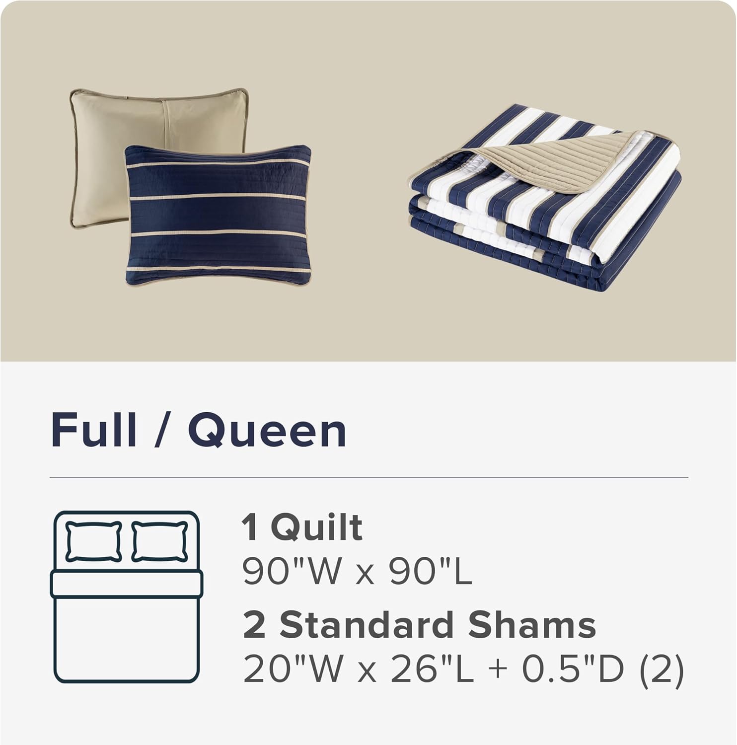 Comfort Spaces Quilt Set Trendy Casual Fun, Vibrant Color Design, Hypoallergenic All Season, Lightweight Coverlet Bedspread Cozy Kids Bedding & Sham Full/Queen Verone White Blue Stripe 3 Piece - Image 5
